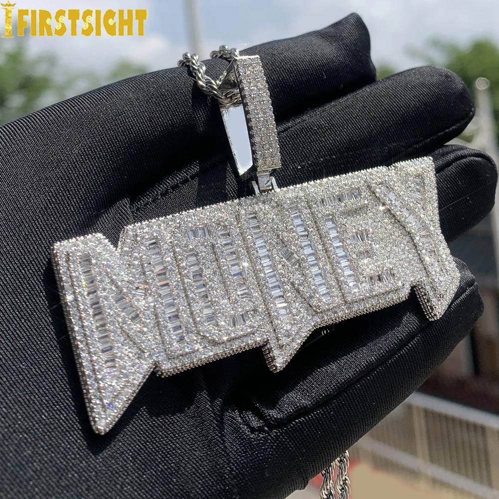 2021 New Iced Out Bling Letters Money Pendant Necklace Gold Silver Color 5A Zircon Money Charm Necklaces Men's Hip Hop Jewelry