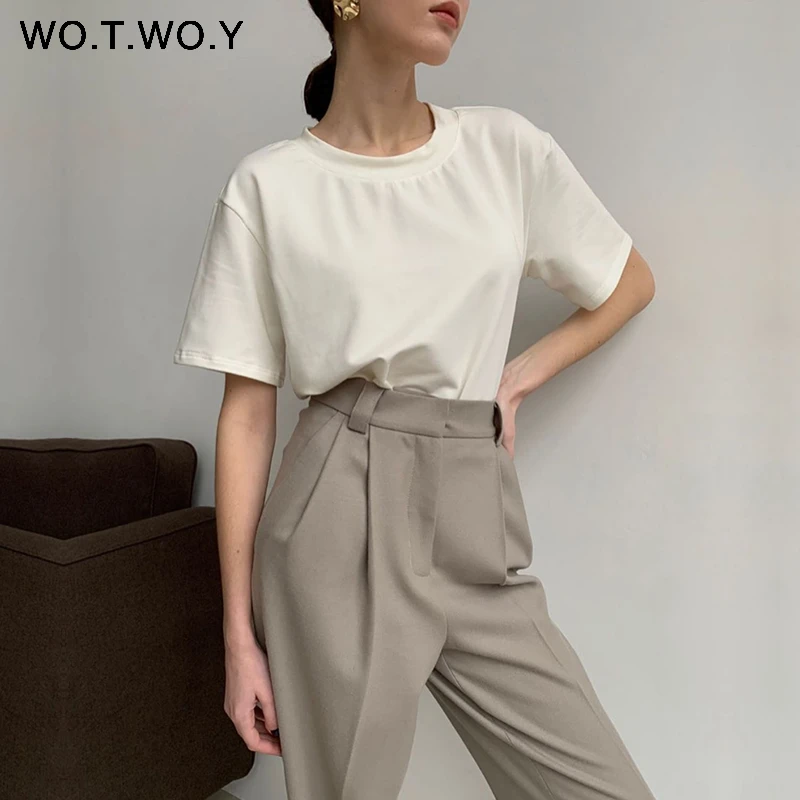 WOTWOY Summer Knitted Basic Solid T-shirt Women Casual Cotton Short Sleeve Tee-Shirts Female Tops Women 2021 New Fashion S-XL