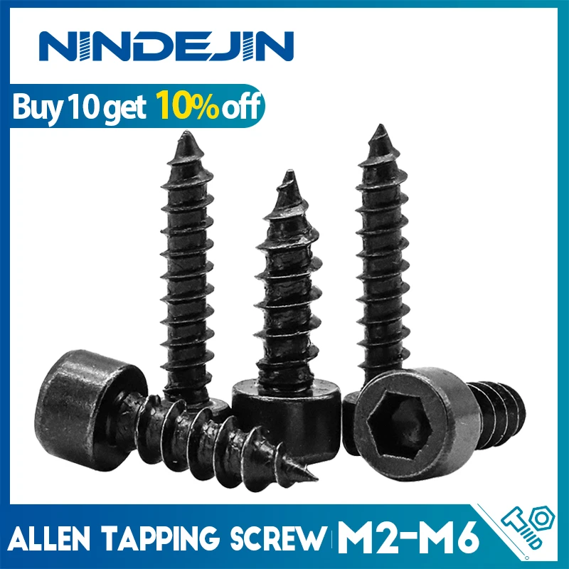 NINDEJIN M2 M2.6 M3 M3.5 M4 M5 M6 Hex Hexagon Socket Cap Head Self Tapping Screw 8.8 Grade Black Carbon Steel Allen Head Screw
