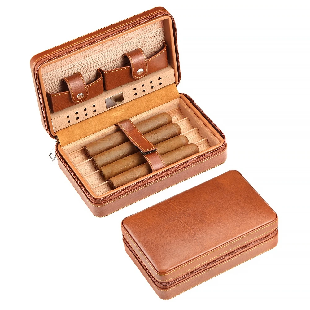COHIBA Portable Cedar Wood Cigar Humidor Box Travel Leather Cigar Case Storage 4 Cigars Box Humidor Humidifier For Sigar