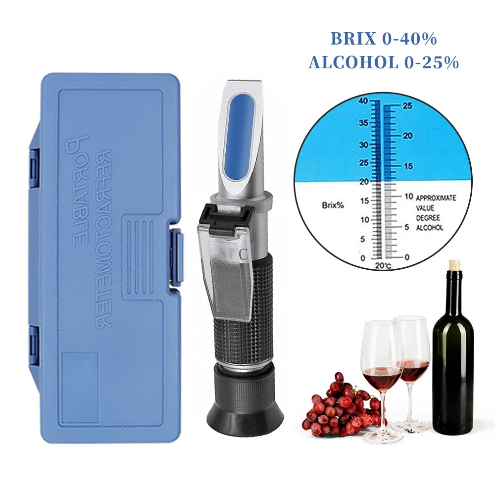 Hangheld Refractometer 0~40% Brix 0~25% Alcohol Wort Specific Gravity Wine Sugar Brix Tester with ATC Box 50% off