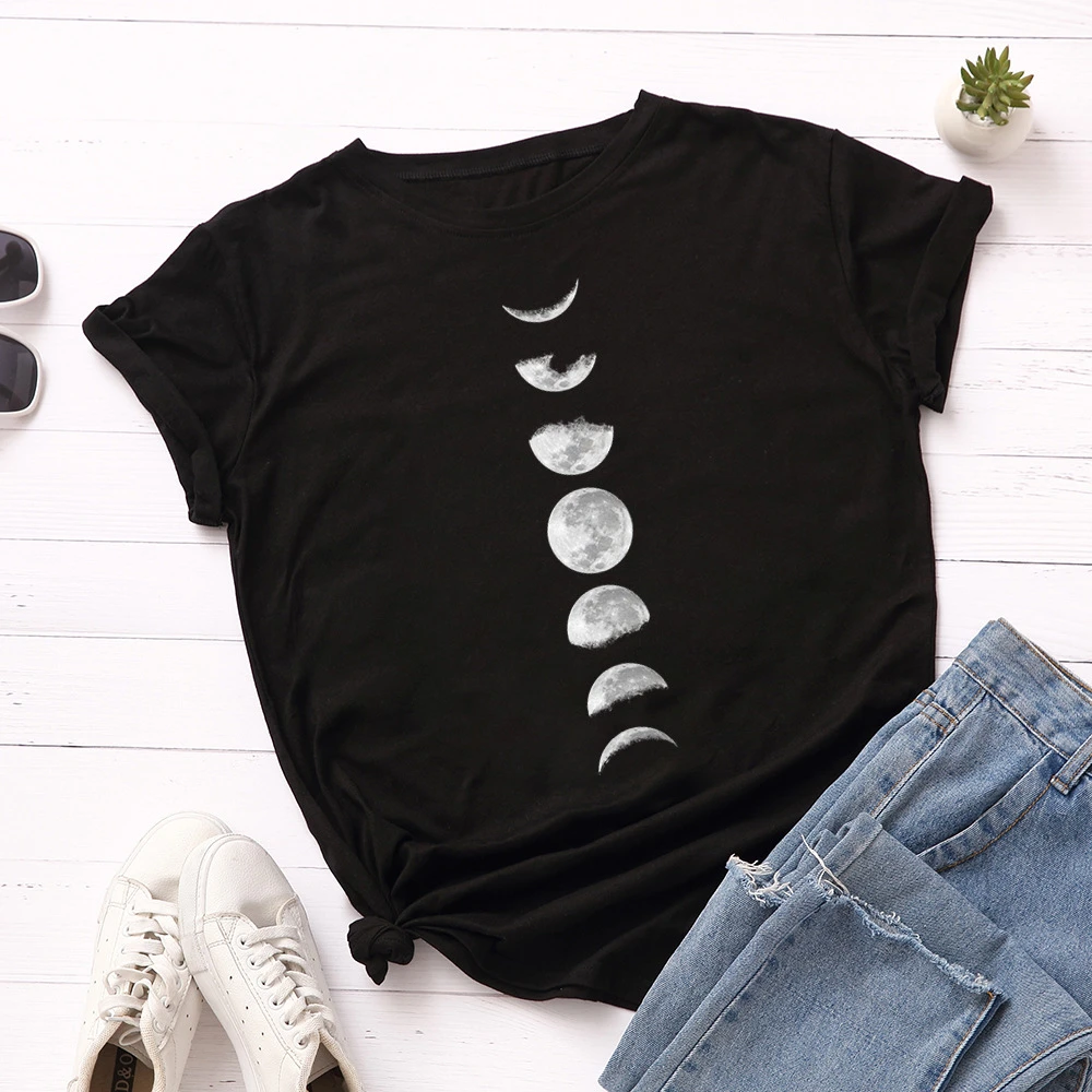 100% Cotton Women T-shirt Summer Casual  Moon Printed Basic O Neck Short Sleeve Female T Shirt Loose Black Tops Clothing