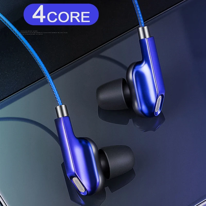 REHIMM Wired Headphone Earphone Dual Dynamic Coil 4-Speaker In-ear Headsets Stereo Wire-Control Earbuds MIC Microphone 3.5MM