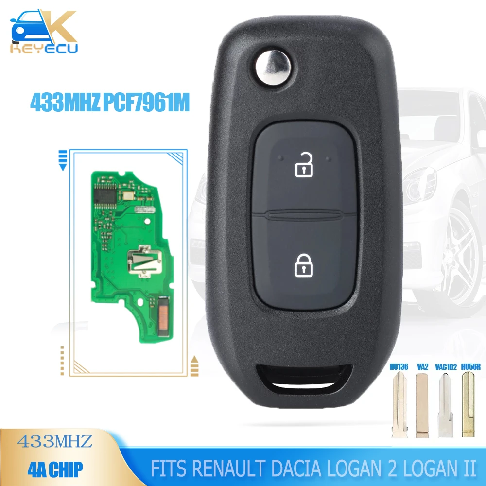 KEYECU FSK 433MHz PCF7961M 4A Chip Flip Remote Key 2 Button Fob for Renault Dacia Logan 2 Logan II 2018 2019 2020