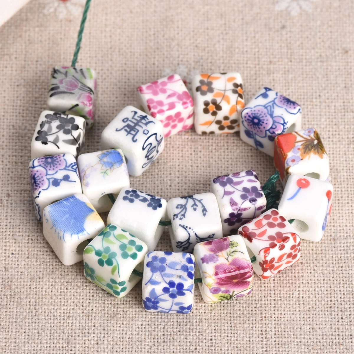 10pcs 10mm Cube Flower Patterns Ceramic Porcelain Loose Crafts Beads lot for DIY Jewelry Making
