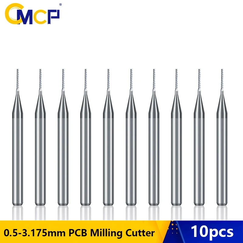 CMCP 10pcs 0.5-3.175mm PCB Milling Cutter Set Carbide CNC Router Bit Tools PCB Machine Engraving Bit 3.175mm Shank CNC End Mills