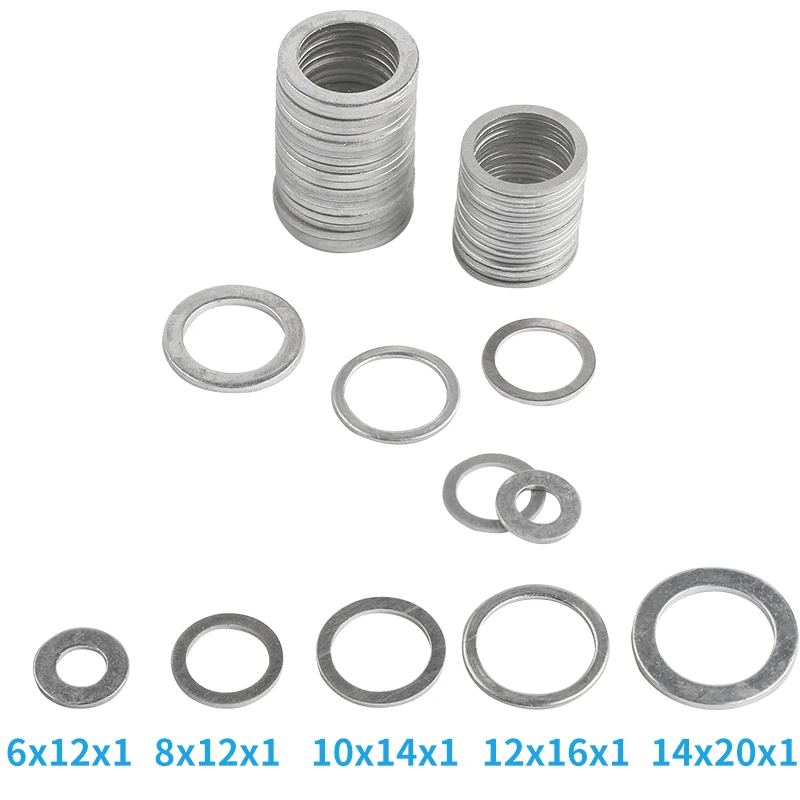 20/100Pcs Aluminum Washers Gasket set 6x12x1mm 10x14x1mm Flat Metal Washer Gasket Aluminum Sealing Rings