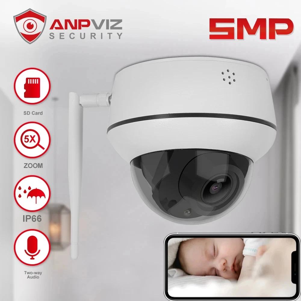 Anpviz 5MP PTZ Wifi IP Camera Outdoor 5X Zoom Wireless Security CCTV Camera Two-Way Audio Mic-Speaker IR 30m IP66 CamHi H.265