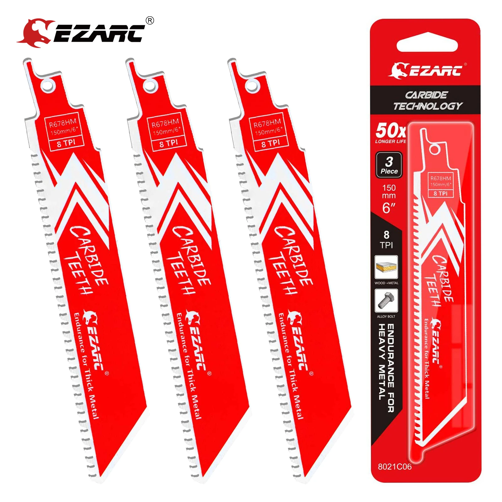 EZARC 1/3Pcs Carbide Reciprocating Saw Blade R678HM Endurance for Thick Metal,Cast Iron,Alloy Steel 6-Inch 8TPI,3pcs,9-Inch 8TPI