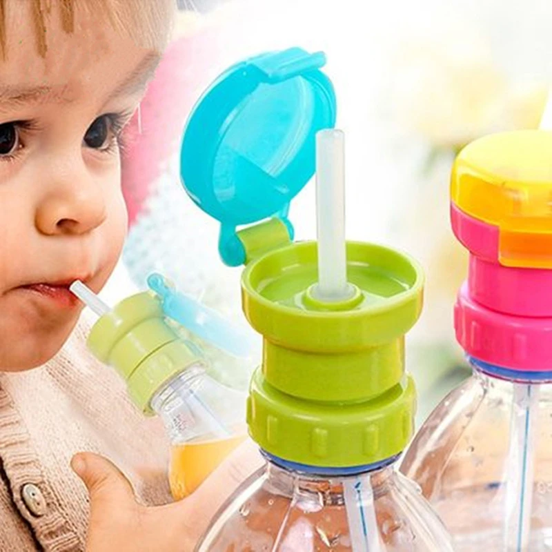 Kids Water Bottle Cap Spill Proof Juice Soda Water Bottle Twist Cover Cap with Straw Safe Drink Straw Sippy Cap Feeding for Kid