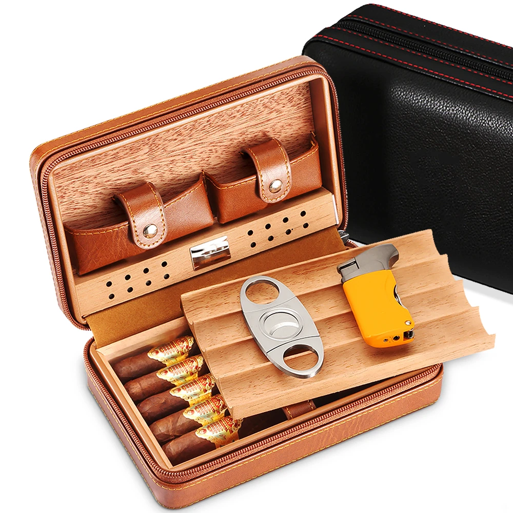 COHIBA Humidor Cigar Box Travel Cigar Case Leather Cedar Wood Cigar Humidor Box W/ Humidifier Cutter Puro Set Accessories