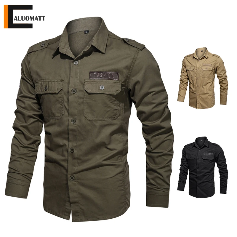 Military Shirt Men Long Sleeve 100% Cotton Army Green Mens Shirts Spring Autumn High Quality Camiseta Masculina Male Clothing