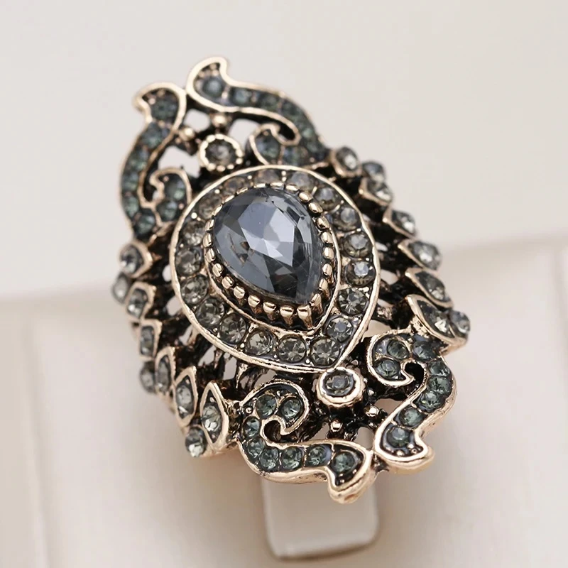 Kinel Unique Gray Crystal Ring For Women Antique Gold Color Vintage Jewelry Party Accessories Luxury Gifts 2018 New