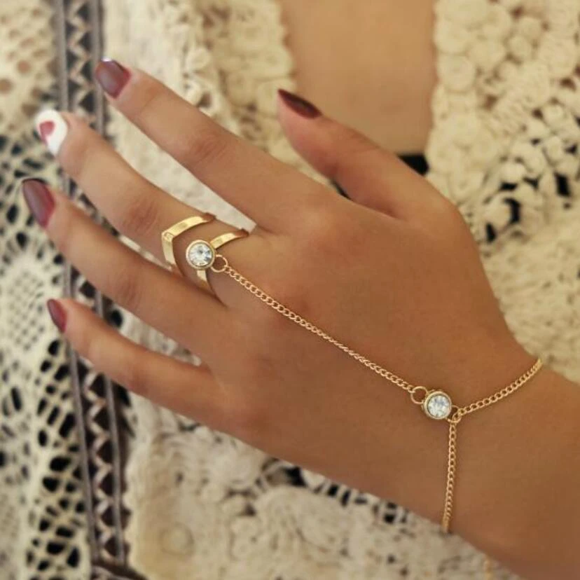 2020 New Gold Big Crystal Ring Bracelet for Women Wrist Chain Jewelry Fashion Hand Back Chain Bangles Female Arm Link Ornaments