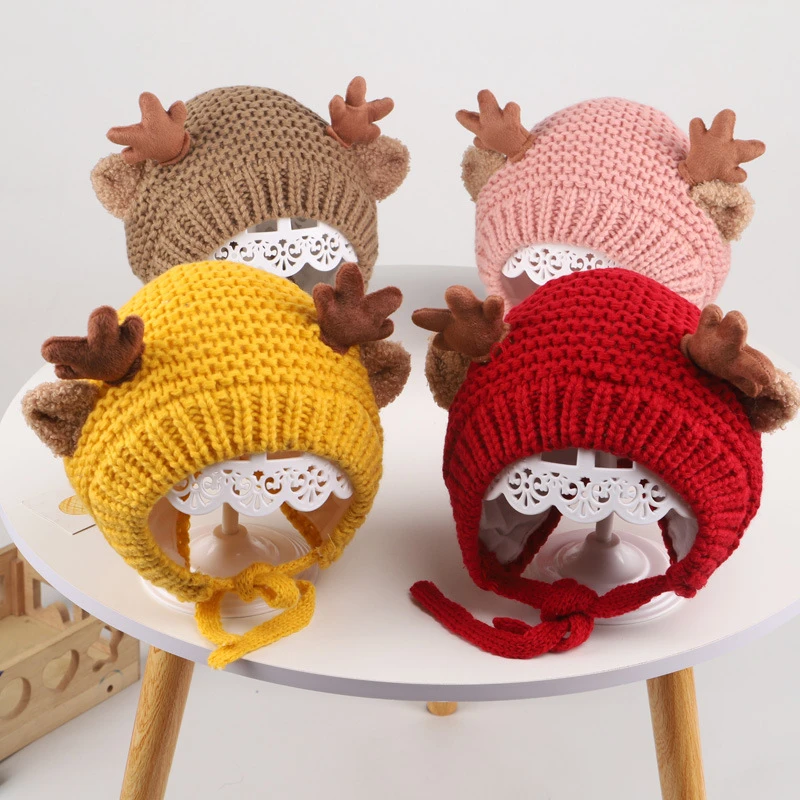 Cute Deer Elk Antlers Baby Hat Winter Warm Plush Knitted Ear Warmer Children Hat Bonnet Boys Girls Cap Beanie Christmas Hats