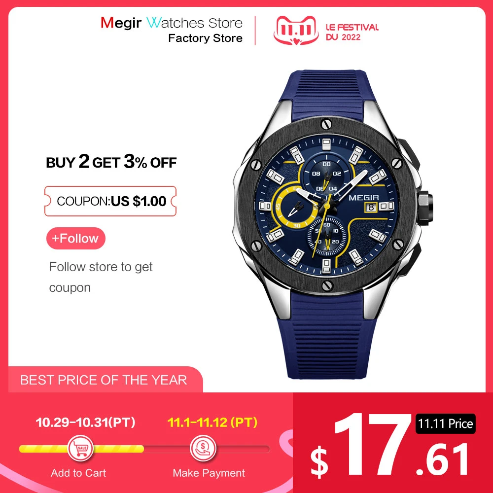 MEGIR Men's Sports Chronograph Quartz Watches Silicone Strap Luminous Waterproof Army Military Wristwatch Man Relogios 2053 Blue