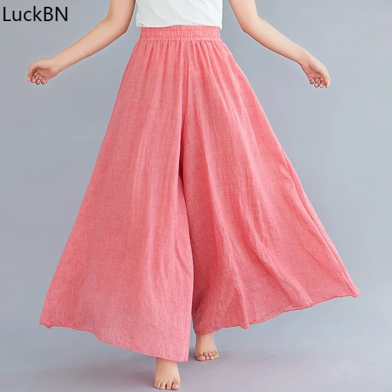 2021 Solid Women Wide Leg Skirt Pants & Capris Spring Summer High Waist Ankle Length Pants Cotton Linen  Trousers Woman Pants