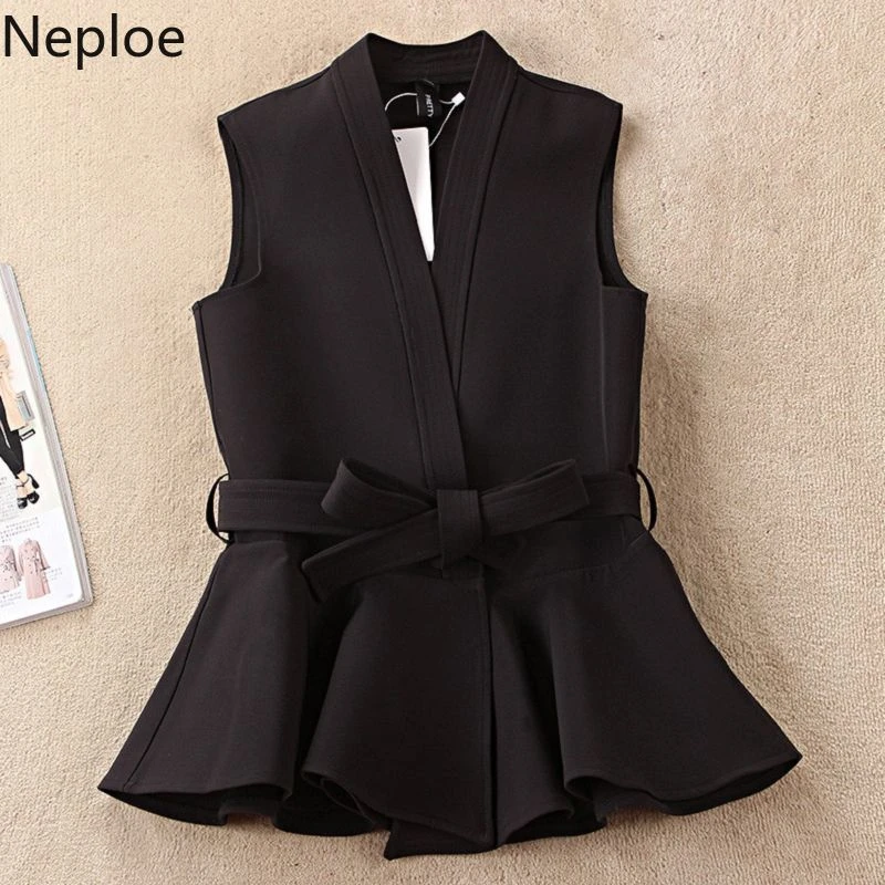 Neploe Ruffles Tank Tops Women Korean V Neck Sleeveless Office Lady Camis Spring 2021 Solid Lace Up Slim Fit Female Vest 1B502