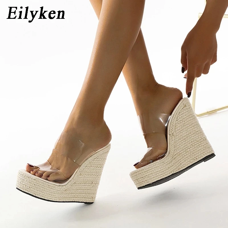 Eilyken Summer PVC Transparent Peep Toe Cane Straw Weave Platform Wedges Slippers Sandals Women Fashion High Heels Female Shoes