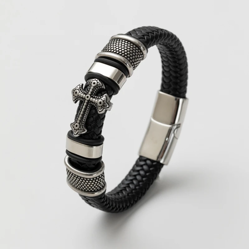 Retro Punk Religious Style Leather Woven Cross High Quality Metal Leather Bracelet for Men and Women