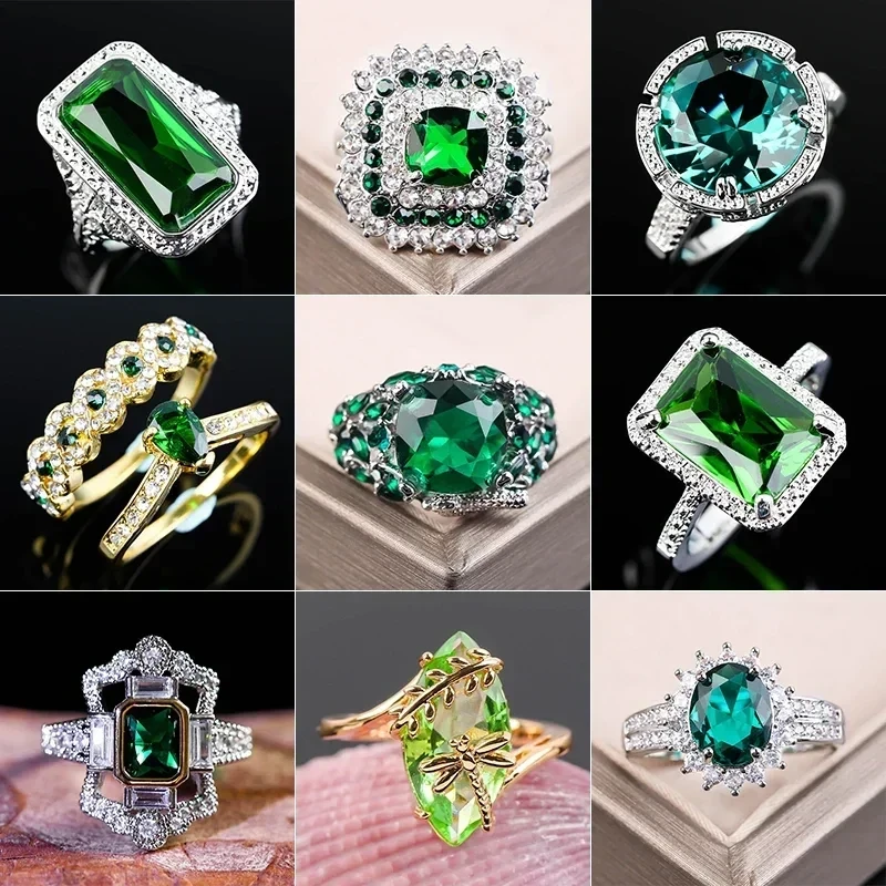 Large Green Stone Ring For Women Wedding Gift Luxury Jewelry  Color Cubic Zirconia Ring Bague Femme Anillos Mujer Z5X873