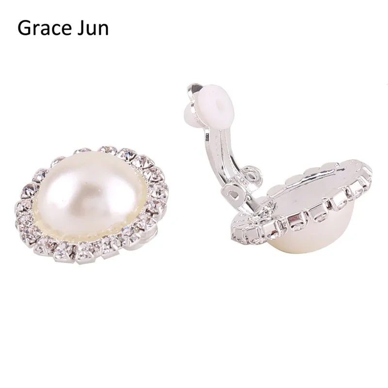 Grace Jun New Design Double Round Shape Rhinestone Clip on Earrings Without Piercing Fashion Simulated Pearl Ear Clip