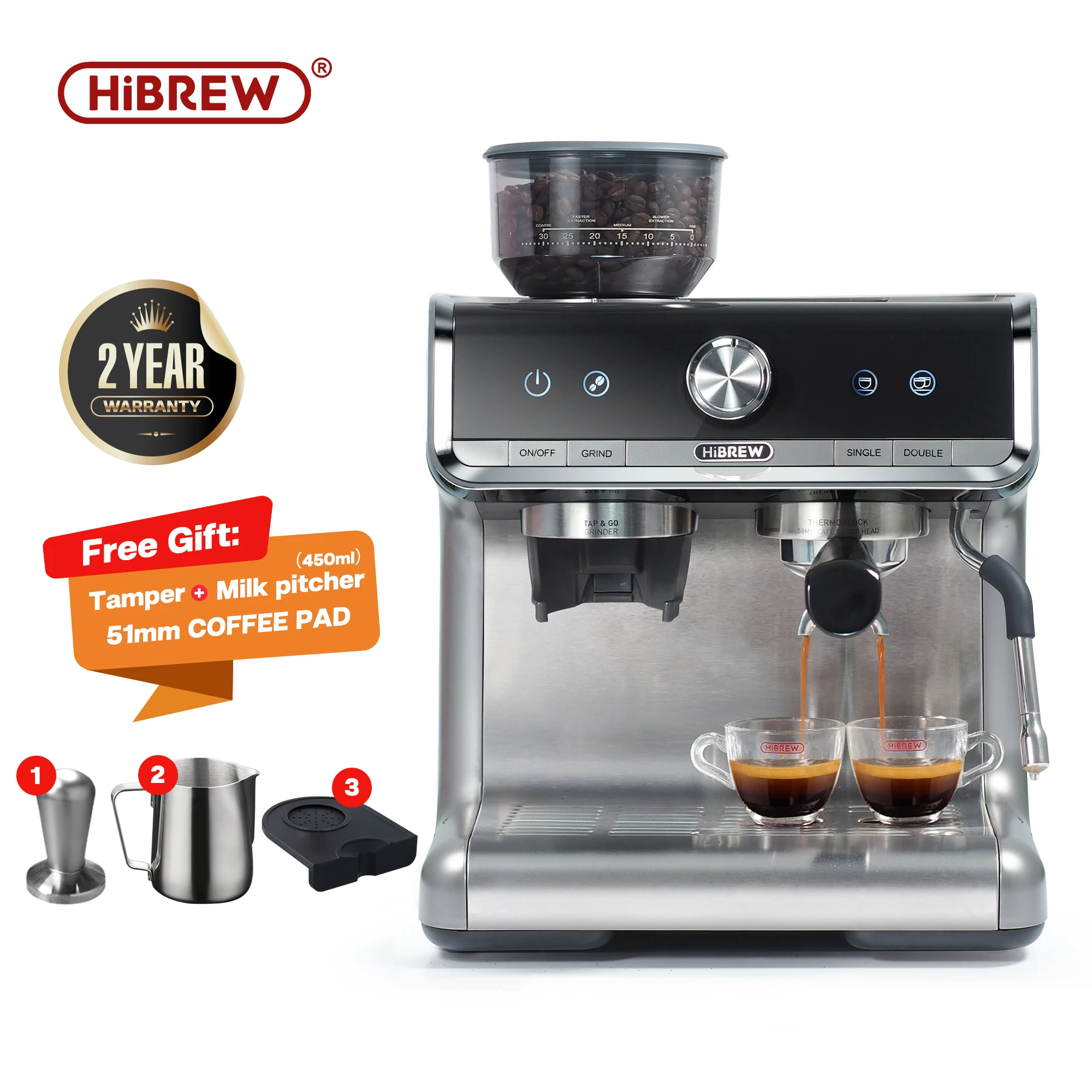 HiBREW  Barista Pro 19Bar Conical Burr Grinder Bean to Espresso  Commercial Level Espresso Maker for Home Cafe Hotel Restaurant