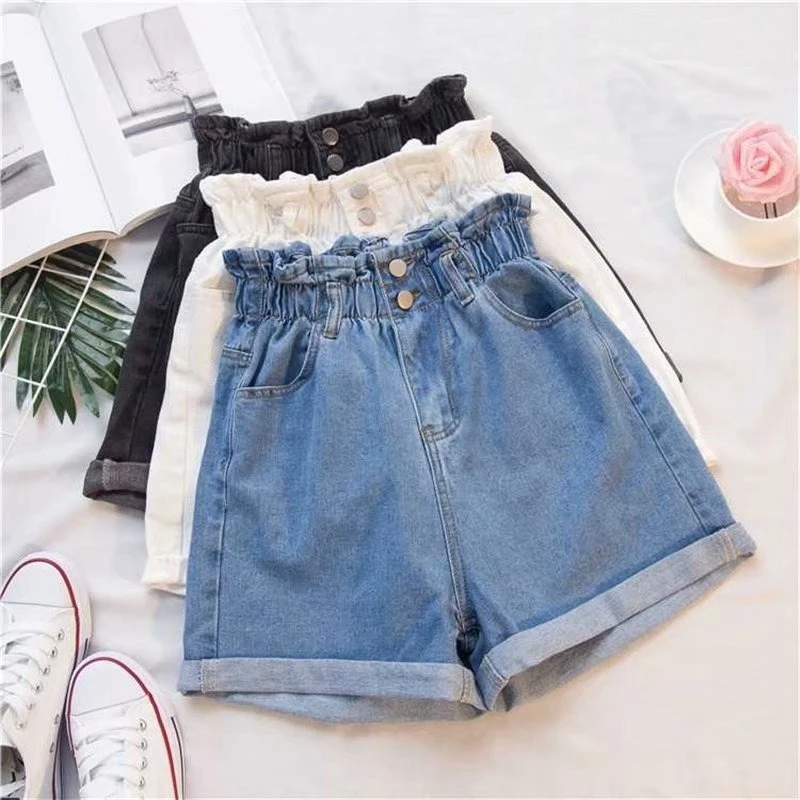 Denim Shorts Women Summer Korean Style Fashion Elastic High Waisted Shorts Oversize Ladies Loose Wide Leg Short Jeans for Woman