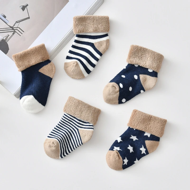 5Pair/Lot Baby Socks Warm Autumn Winter Kids Girl Boy Short Socks Thick Soft Cartoon Dot Printed Children Toddler Socks