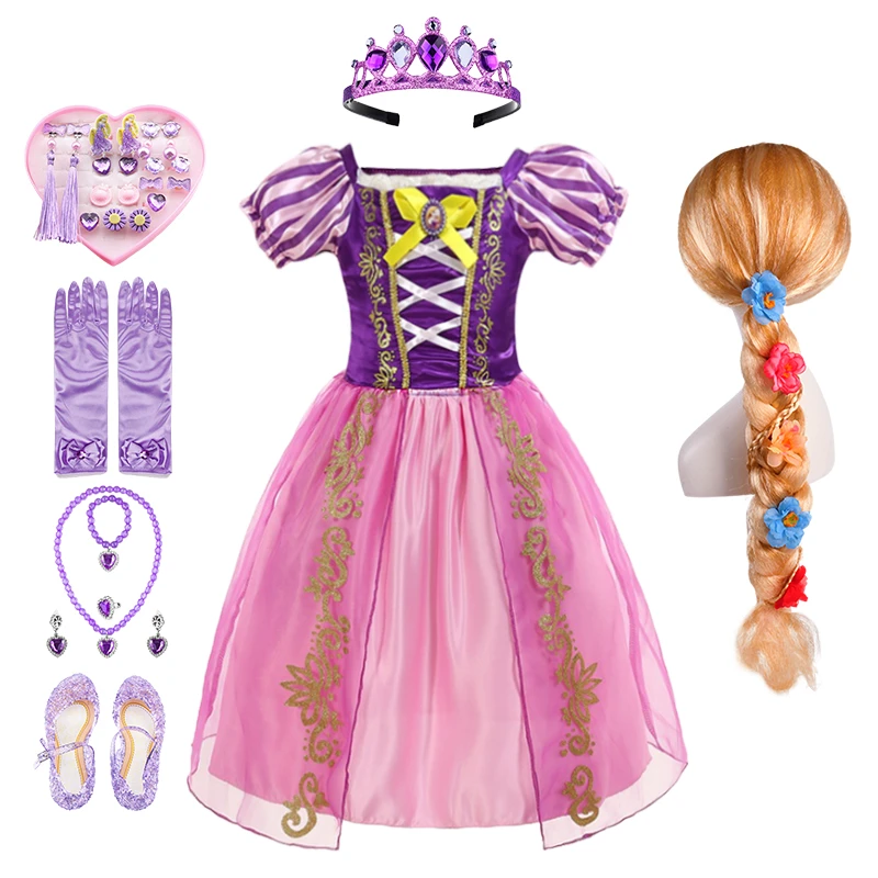 Christmas Princess Rapunzel Dress for Girls Toddler Girls Summer The Tangled Halloween Costume Child Rapunzel Wig Birthday Party