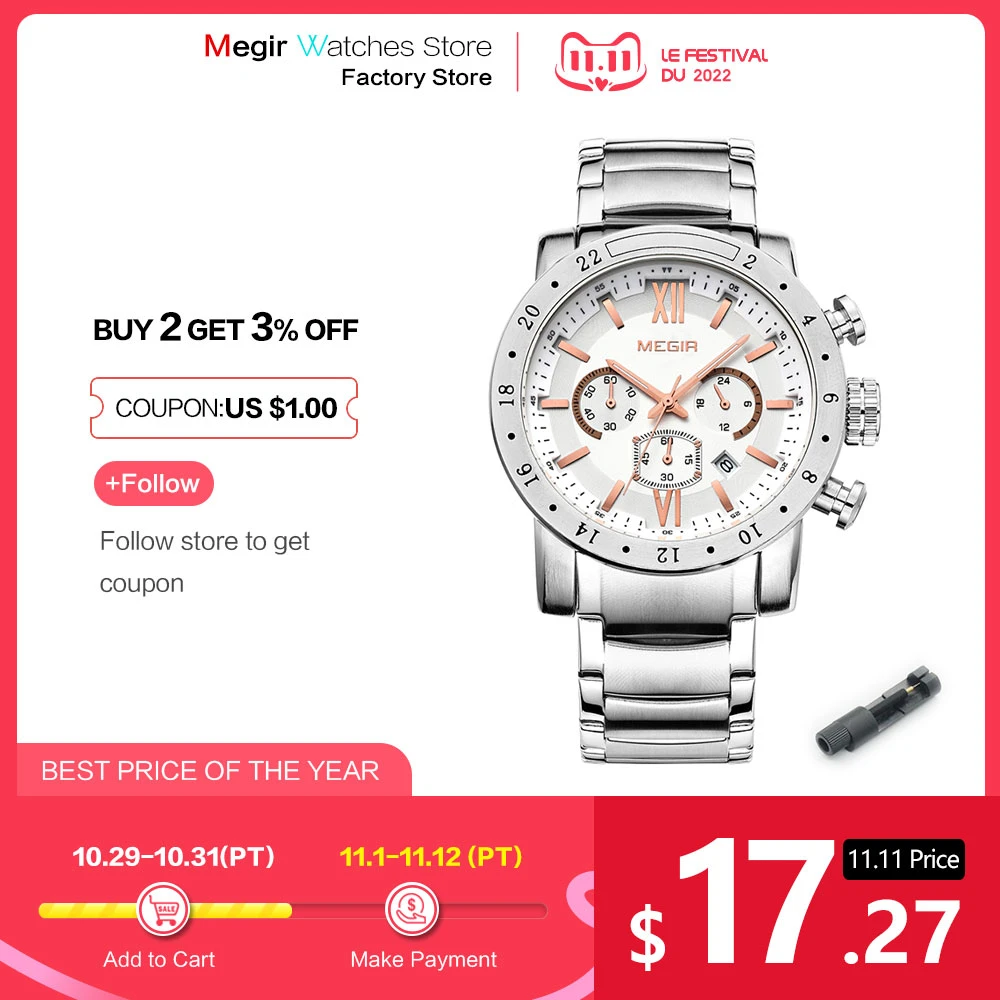 MEGIR hot brand quartz watches for men man's business white wristwatch fashion three-eyes waterproof luminous watch for male