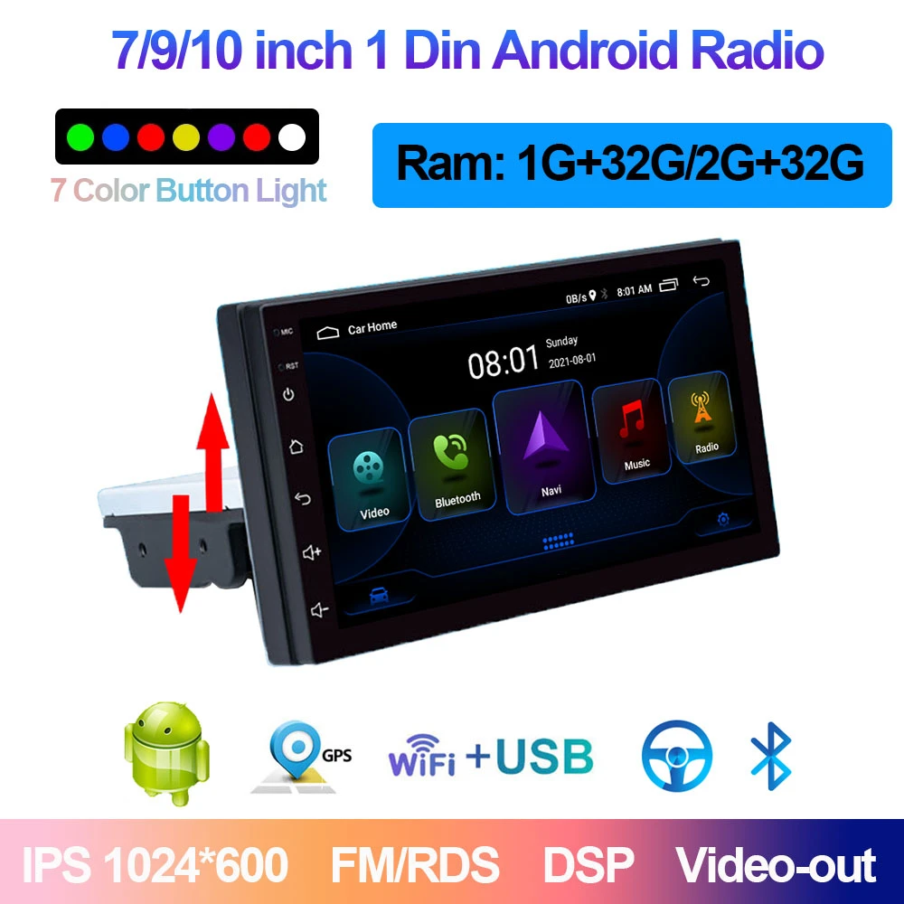 1DIN FM 7 Inch Adjustable Car Radio Android 9.1 Touch Screen 1080P Car Stereo Radio Player GPS Navigation Universal autoradio