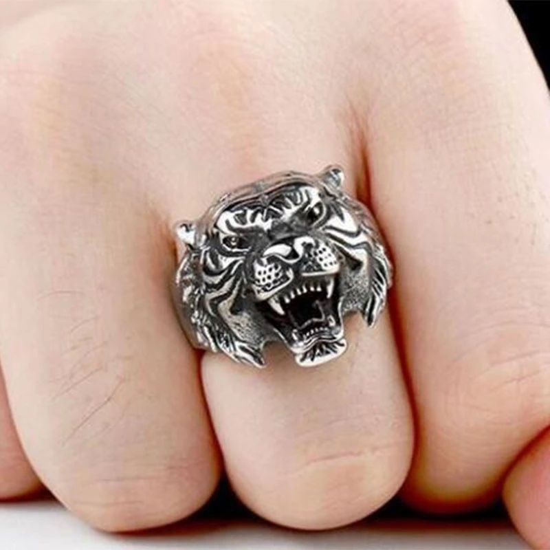 POPACC Punk Personality Men's Tiger Ring Men's Exquisite Animal Jewelry Titanium Steel Ring (size:8-11)