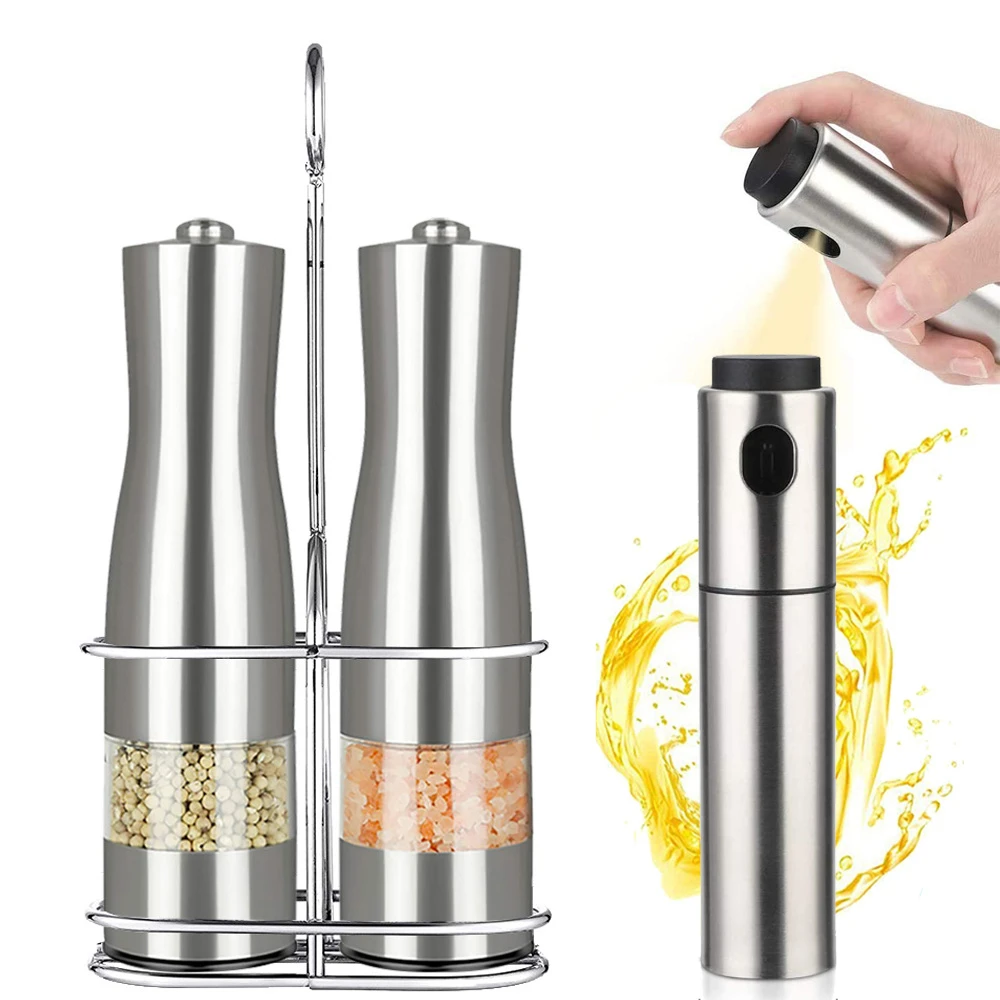 Electric Pepper Mill Stainless Steel Salt Shaker Pepper Grinder Set with Metal Stand and Oil Sprayer Kitchen Tool Spice Mill
