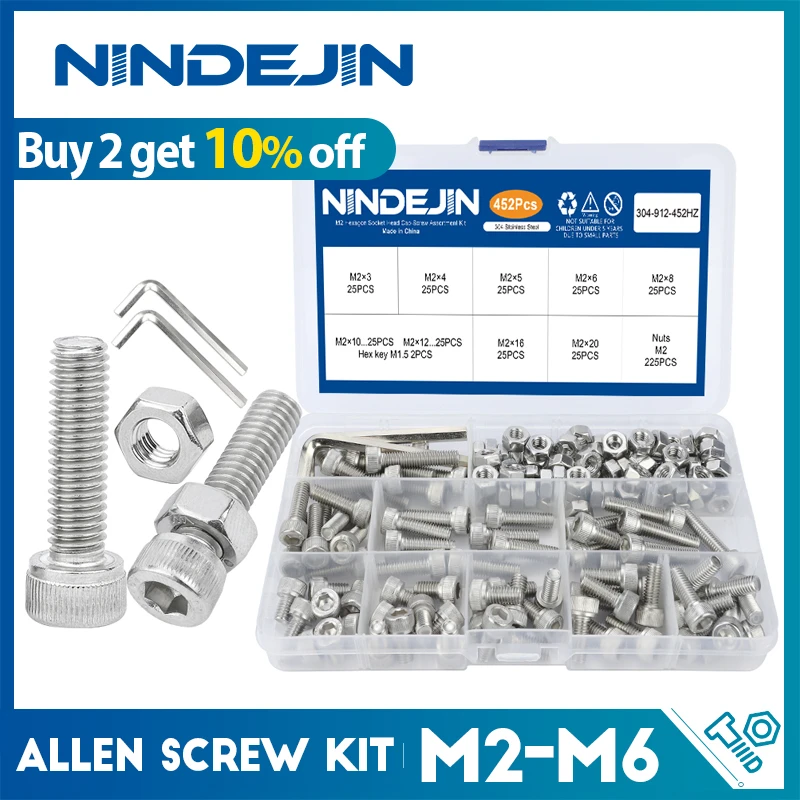 NINDEJIN Hexagon Hex bolt set allen head screw kit m2 m2.5 m3 m4 m5 m6 stainless steel bolt nut set DIN912 bolts and nuts kit