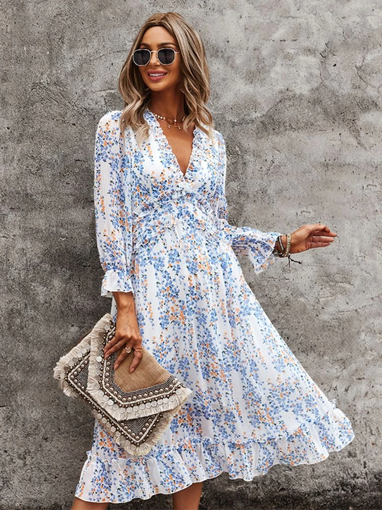 Ladies Vintage Sexy Print Chiffon Dress Women Spring Autumn Casual Ruffles High Waist Bohemian Beach Women Dress Female Vestidos