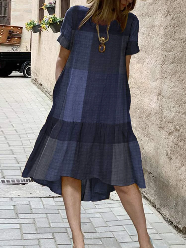 2021 Summer Vintage Dress Women ZANZEA Cotton Linen Midi Vestidos Casual High Low Plaid Sundress Short Sleeve Robe