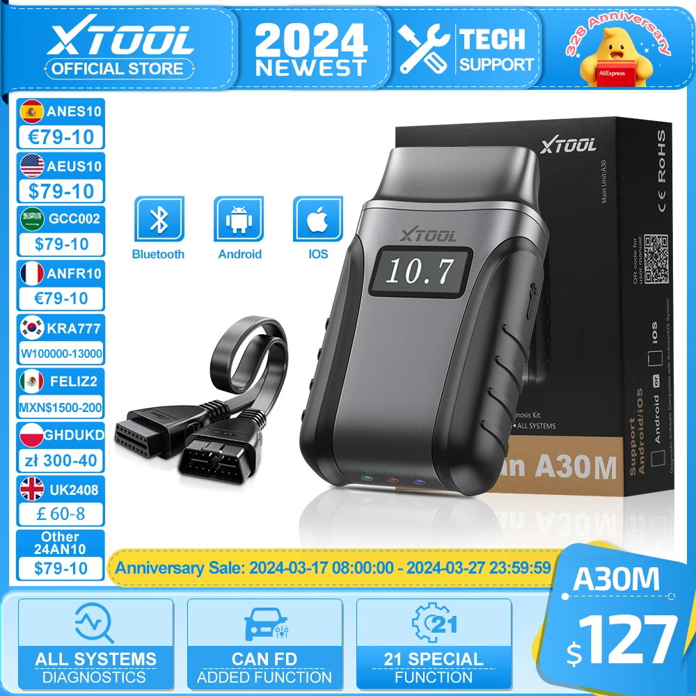 XTOOL Anyscan A30 OBD2 Car Diagnostic Tools With Andriods/IOS Car Code Reads Full Systems Diagnostic Multi Car Brand Free update
