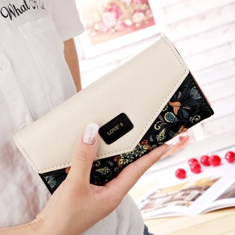 Wristlet Fashion Envelope Women Wallet Hit Color 3Fold Flowers Printing PU Leather Wallet Long Ladies Clutch Coin Phone Purse