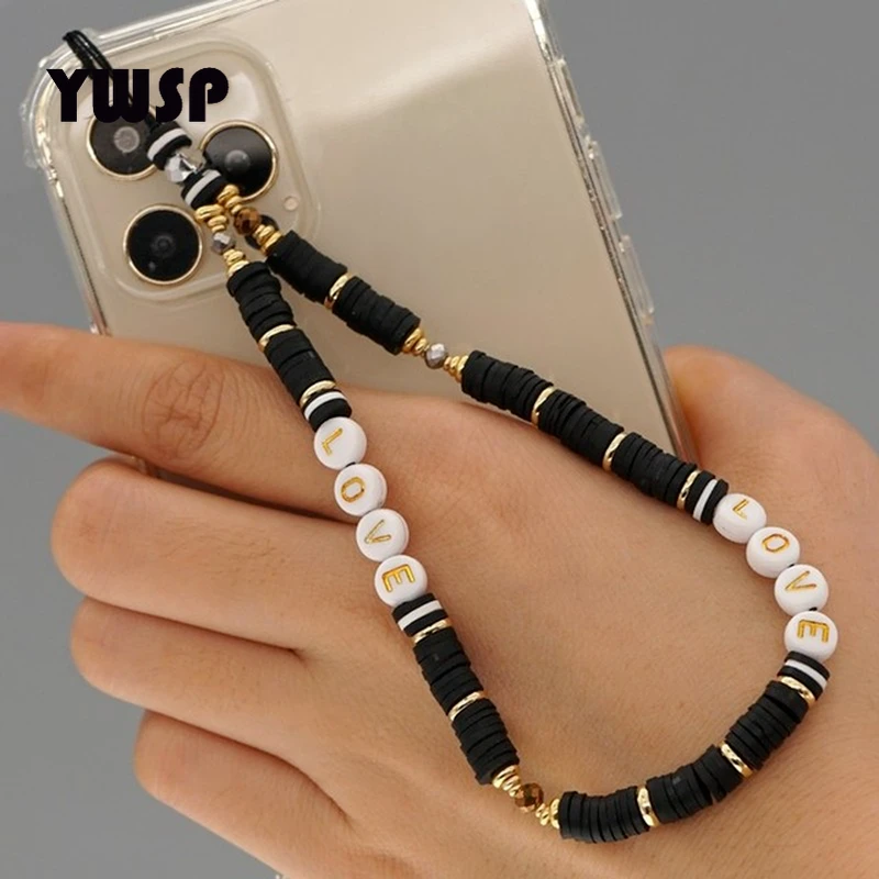 Simple Bohemian Ethnic Resin Bead Mobile Phone Chain LOVE Letter Soft Ceramic Clay Polymer Mobile Phone Lanyard Female Anti-lost
