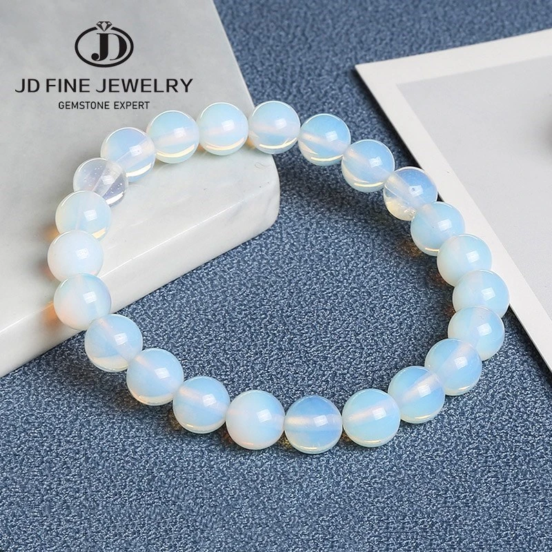 JD Women Fashion Smooth White Opal Moon Stone Bracelet Stretch Cord Elastic Colorful Cat Eyes Stone Expandable Rope Jewelry