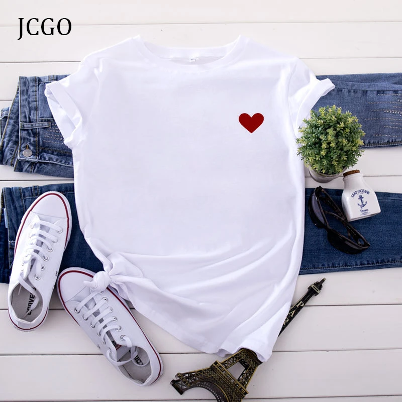 JCGO Summer Cotton Women Heart Print T Shirt S-5XL Plus Size Short Sleeve Tees Tops Casual Simple O-Neck Female TShirts