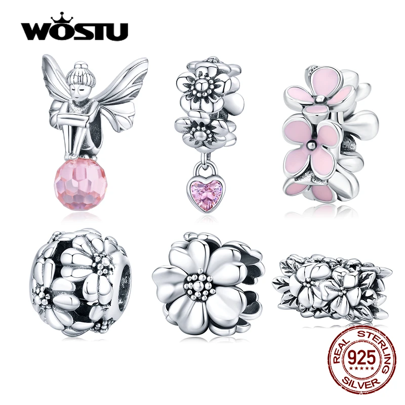 WOSTU Pink Flower Charms 925 Sterling Silver Blossom Flower Beads Fit Original Bracelet Pendant Jewelry For Women