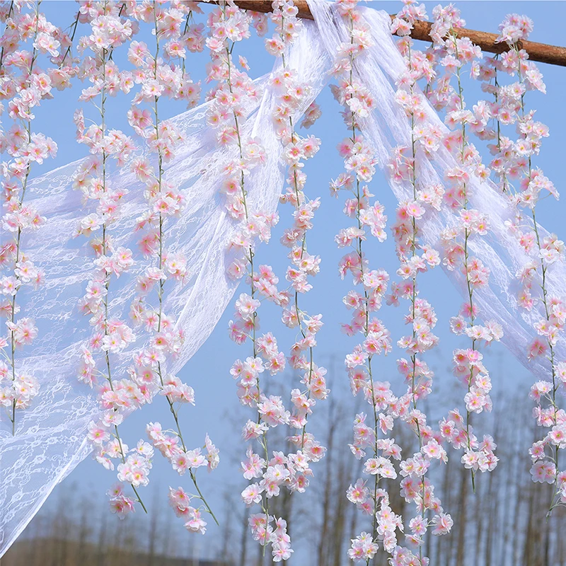 PARTY JOY 2PCS 144 1.8M Artificial Cherry Blossom Garland Fake Silk Flower Hanging Vine Sakura for Party Wedding Arch Home Decor