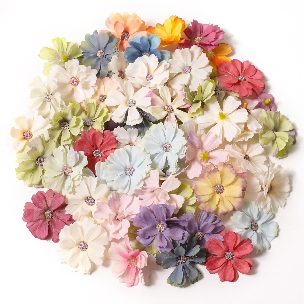 30/50/100Pcs 4.5 Cm Silk Daisy Flower Head Mini Artificial Flower Decor Home Wedding Decoration Diy Wreath Headdress Fake Flower
