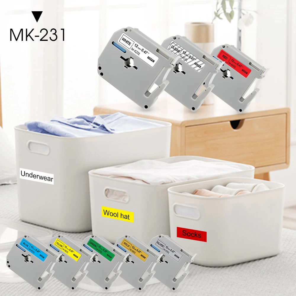 9/12mm MK-231 M-K231 MK231 Label Tape MK-221 M-K221 MK221 M Tape Compatible for Brother P Touch Label Maker PT-90 PT80 PT70 PT65