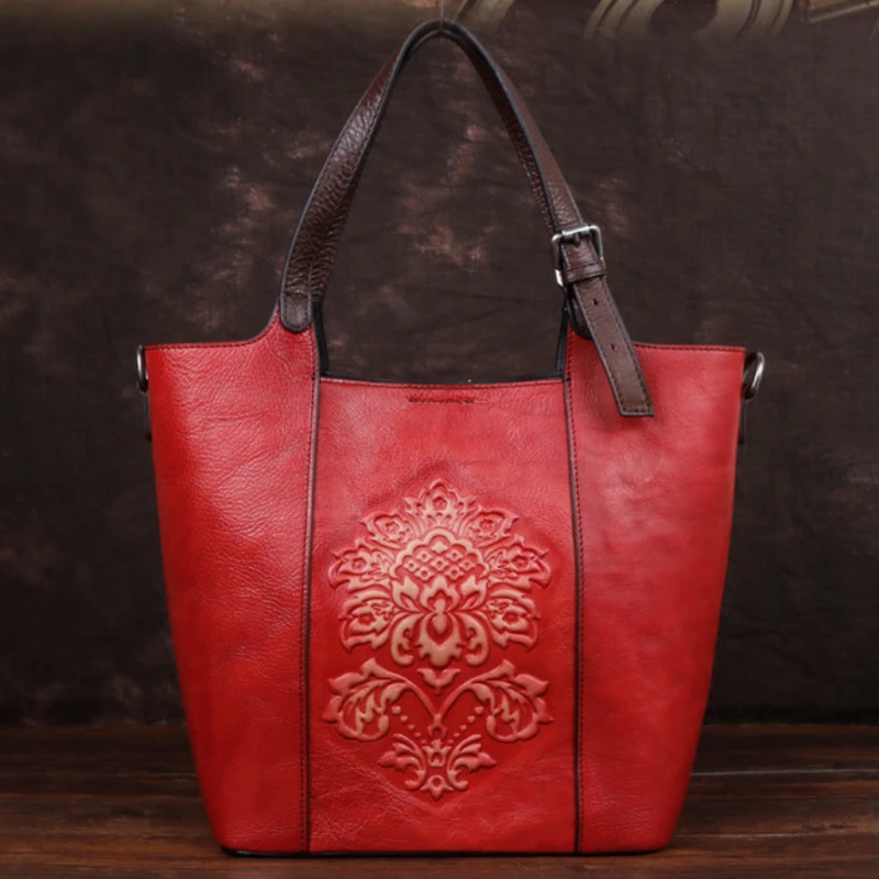 2021 New Vintage Style Luxury Handbags Women Large Capacity Bucket Bag Genuine Cowhide Handmade Embossing Women's Shoulder Bags