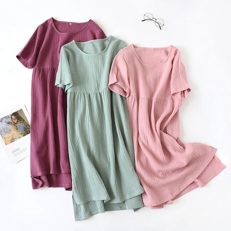 Summer Sleepwear 100% Cotton Crepe Short-sleeved Sleepshirts Plus Size Loose Nightgowns Women Night Gown Sexy Sleeping Dress