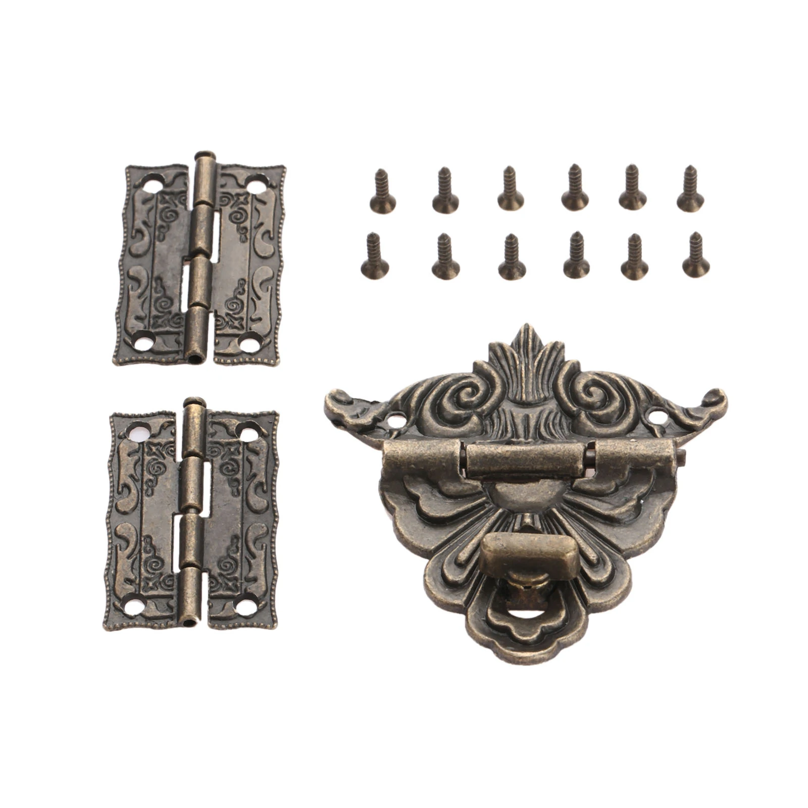 DRELD 2Pcs Cabinet Hinges+1pc Antique Bronze Jewelry Wooden Box Toggle Hasp Latch Clasp Vintage Hardware Furniture Accessories