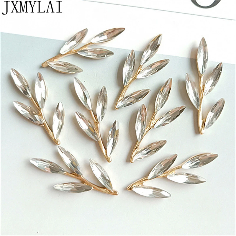 10 PCS 37x15mm Metal Alloy KC Gold Crystal Rhinestone Leaf Branch DIY Handmade Accessories For Jewelry Making